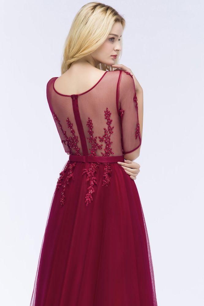 A-line Floor Length Appliques Tulle Bridesmaid Dress Half Sleeve Evening Dress - Image 11