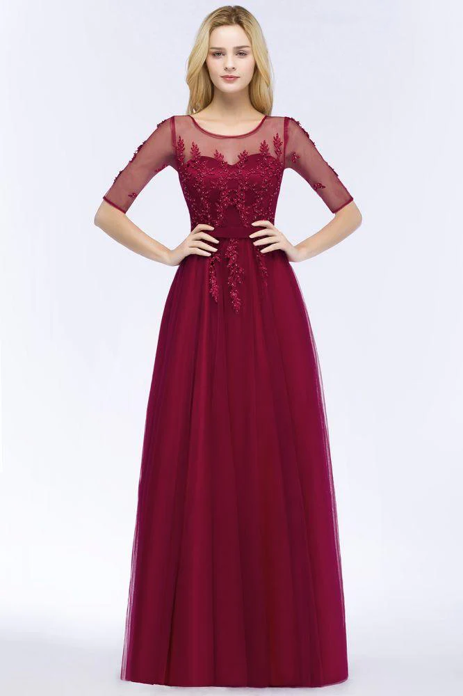 A-line Floor Length Appliques Tulle Bridesmaid Dress Half Sleeve Evening Dress - Image 4
