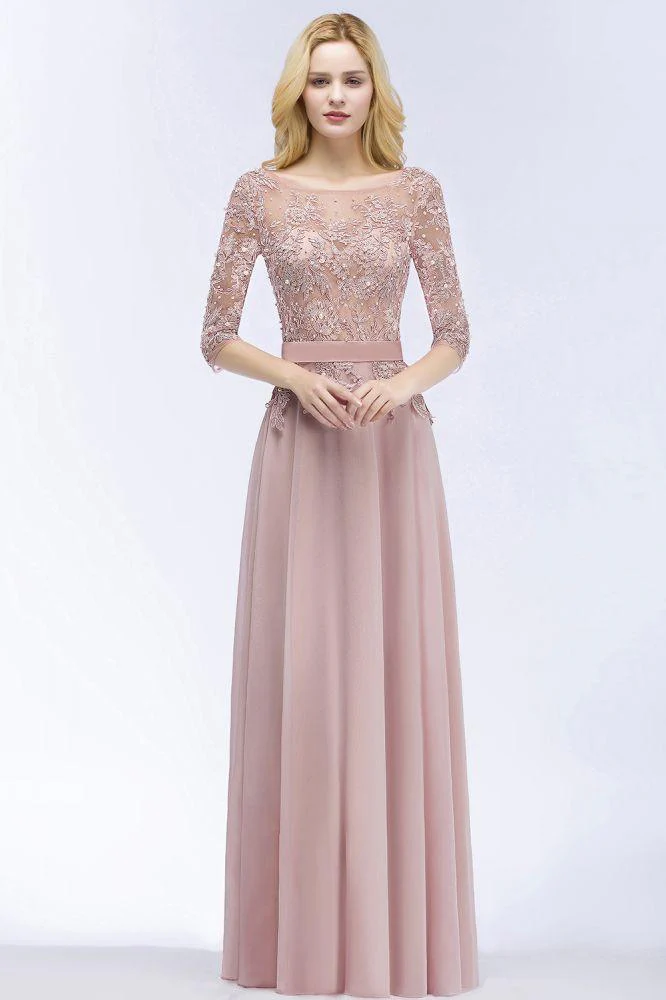 Numbersea A-line Floor Length Half Sleeves Appliques Bridesmaid Dresses with Sash - Image 6