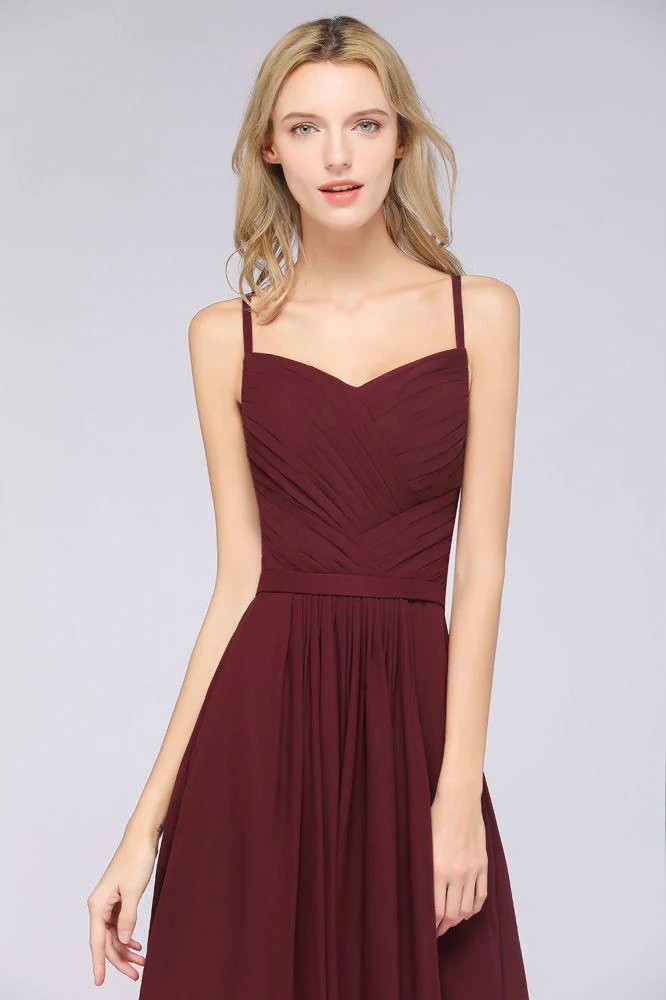 A-Line Spaghetti-Straps Sweetheart Sleeveless Bridesmaid Dress Ruffles Chiffon Evening Maxi Gown - Image 7