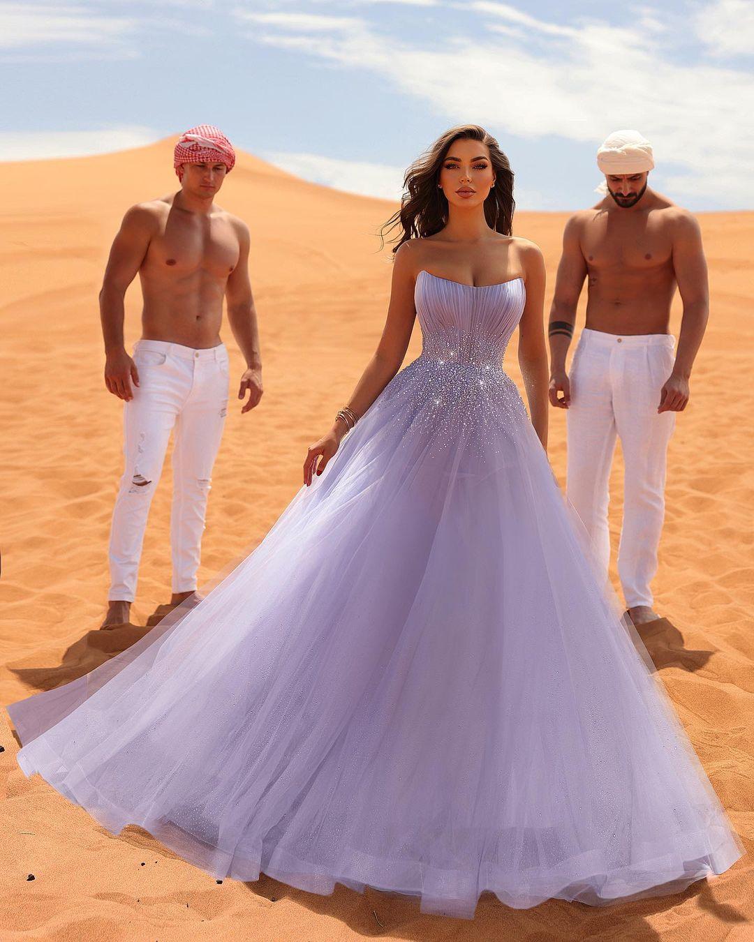 Elegant Long Lilac A-line Sleeveless Rhinestones Tulle Prom Dress - Image 3
