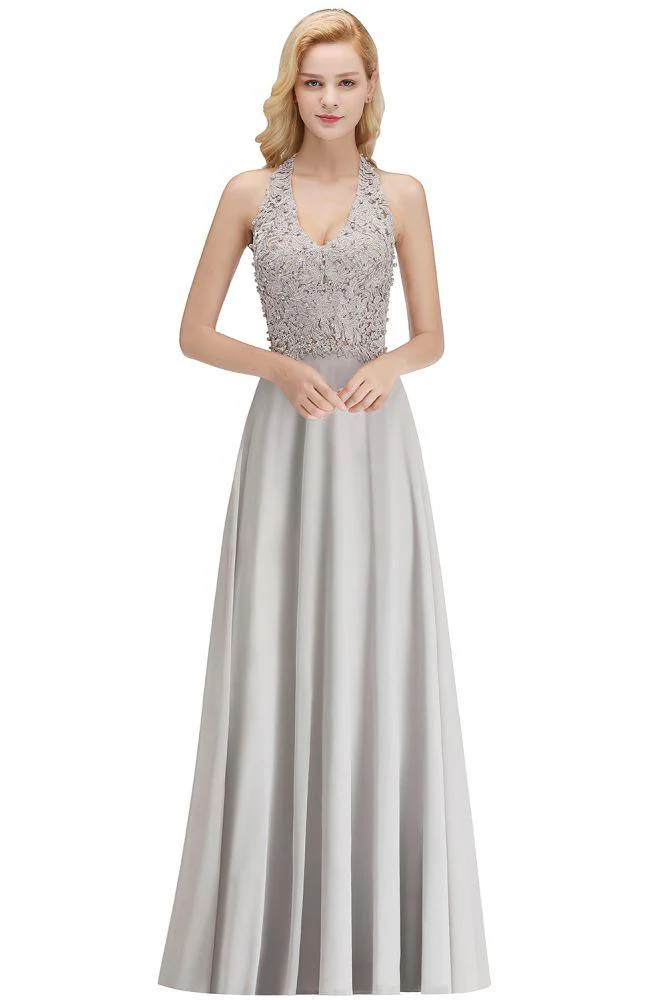 Halter Sleeveless Floral Appliques Evening Party Dress Aline Floor Length Bridesmaid Dress - Image 7