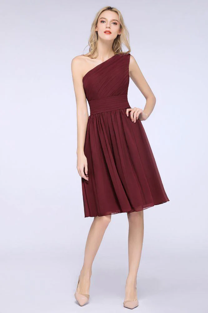 One-Shoulder Sleeveless Knee-Length Bridesmaid Dress with Ruffles Formal Party Dress - Image 7