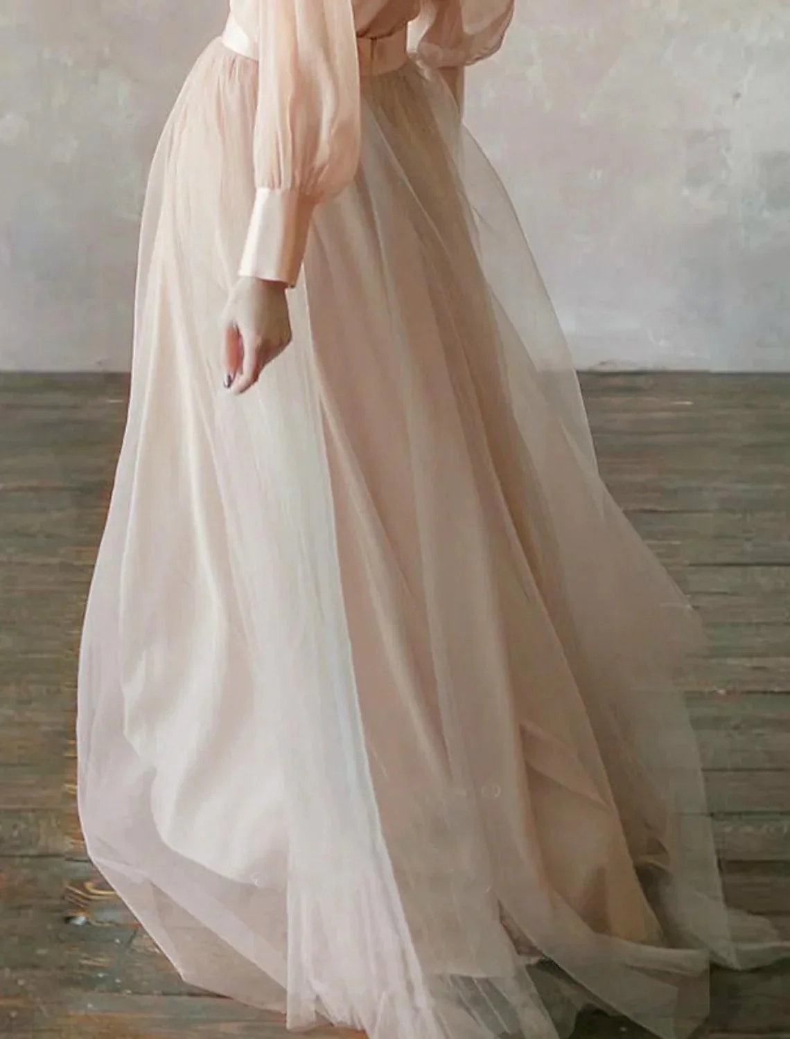 Numbersea Two Piece Empire Minimalist Wedding Guest Formal Evening Birthday Dress Stand Collar Long Sleeve Floor Length Chiffon with Tier - Image 5