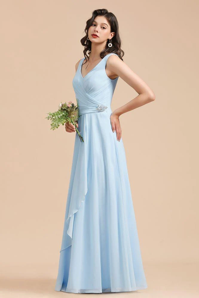 V-Neck Chiffon Aline Bridesmaid Dress Sleeveless Floor Length Simple Wedding Dress - Image 4